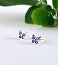 Load image into Gallery viewer, Tiny sterling silver sparkly purple butterfly studs