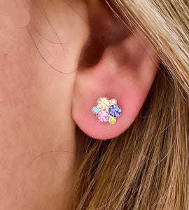 sterling silver rainbow sparkle cluster studs in a model's ear
