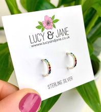 Load image into Gallery viewer, sterling silver rainbow small hoops on a Lucy and Jane backing card