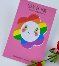 Load image into Gallery viewer, sterling silver rainbow alpaca earrings on a fun Pride themed Lucy and jane backing card