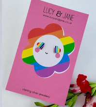 Load image into Gallery viewer, sterling silver rainbow heart earrings for children on a fun colourful pride themed Lucy and jane backing card