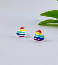 Load image into Gallery viewer, Rainbow heart-shaped sterling silver stud earrings for children or celebrating pride month