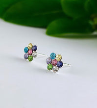 Load image into Gallery viewer, small sterling silver sparkly flower studs in lots of different coloured crystals