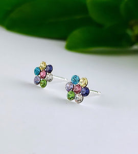 small sterling silver sparkly flower studs in lots of different coloured crystals