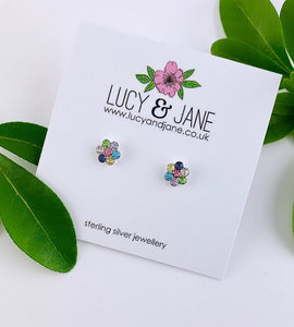 tiny sterling silver flower studs with colourful crystals