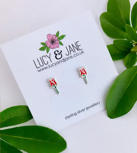 small sterling silver earrings in the shape of a rose in red and green