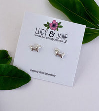 Load image into Gallery viewer, sterling silver sausage dog studs on a lucy and jane card
