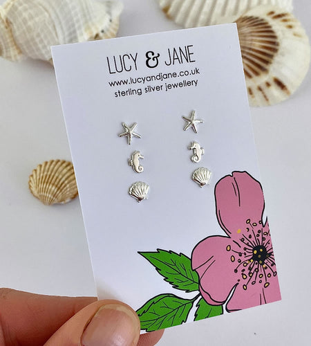 Set of three pairs of sterling silver sea creature themed studs