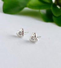 Load image into Gallery viewer, Small sterling silver textured heart studs with a small crystal in the centre