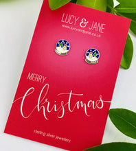 Load image into Gallery viewer, sterling silver snow globe earrings on a Merry Christmas card