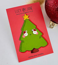 Load image into Gallery viewer, sterling silver snowmen had earrings with sparkly santa hats on a christmas tree backing card