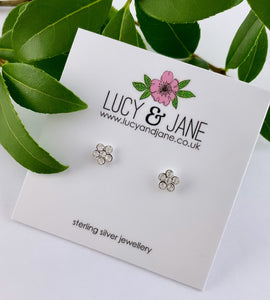 small sparkly flower sterling silver studs on a plain white backing card