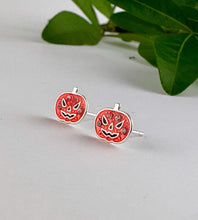 Load image into Gallery viewer, sterling silver orange pumpkin studs with a few crystals to give a hint of sparkle.