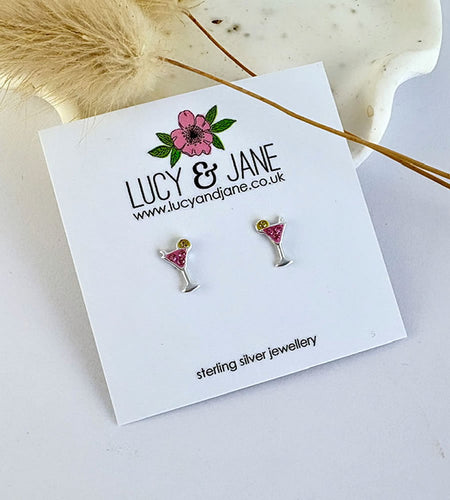 sterling silver pink sparkly cocktail earrings on a Lucy and Jane card