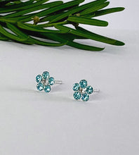 Load image into Gallery viewer, tiny super sparkly blue stud earrings, great size for children or adding to an ear stack