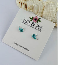 Load image into Gallery viewer, sterling silver sparkly blue whale studs on a lucy and jane earring card