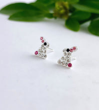 Load image into Gallery viewer, sparkly sterling silver rabbit studs with clear and pink crystals.