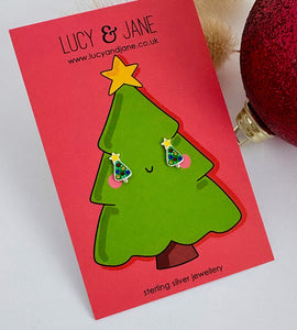 sterling silver green, sparkly christmas tre earrings on a festive colourful Christmas backing card