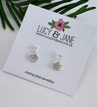 Load image into Gallery viewer, sterling silver sparkly flower drop earrings on a Lucy and Jane backing card