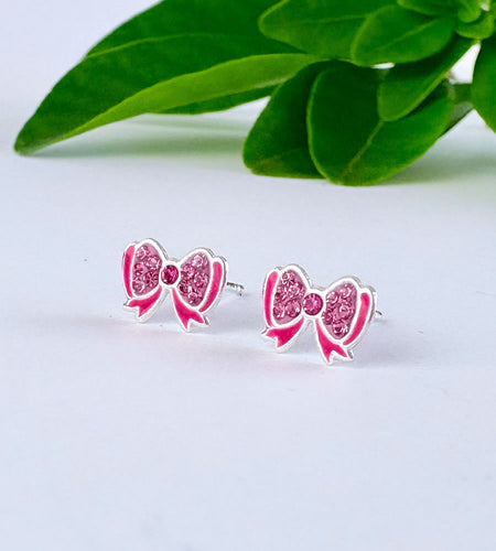 Fabulous sterling silver pink sparkly bow stud earrings