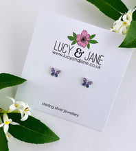 Load image into Gallery viewer, tiny sterling silver sparkly butterfly studs in purple.