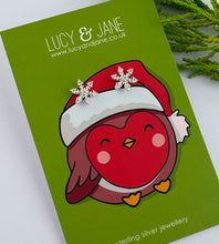 Load image into Gallery viewer, super sparkling sterling silver snowflake studs on a Lucy and Jane festive earring card
