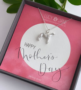 sterling silver grey hound dog necklace in a gift box with mothers day messaging