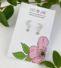 Load image into Gallery viewer, sterling silver moon earrings with tiny stars hanging off