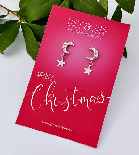 Sterling Silver Star With Moon Drop Earrings