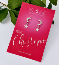 Load image into Gallery viewer, Sterling Silver Moon With Star Drop Earrings