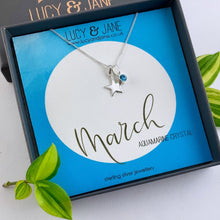 Load image into Gallery viewer, sterling silver star birthstone necklace for march with an aquamarine crystal