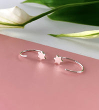Load image into Gallery viewer, sterling silver star pull through earrings.  Easy to wear no ear fastening needed