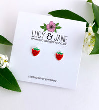 Load image into Gallery viewer, sterling silver strawberry stud earrings in red with touches of green. Great studs for children
