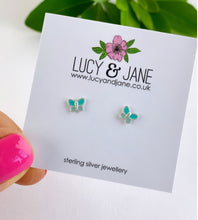 Load image into Gallery viewer, tiny green sterling silver studs in the shape of butterflies