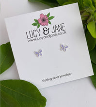Load image into Gallery viewer, purple butterfly earrings in sterling silver great first pair of earrings for a young girl