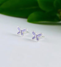 Load image into Gallery viewer, tiny sterling silver butterfly studs in a light purple colour