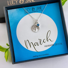 Load image into Gallery viewer, sterling silver tree of life birthstone necklace for march with an aquamarine crystal