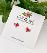 Load image into Gallery viewer, sterling silver union jack studs on a Lucy and Jane backing card