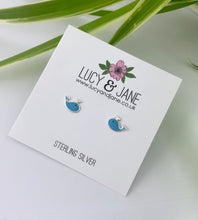 Load image into Gallery viewer, stlering silver blue whale earrings on a backing card