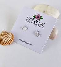 Load image into Gallery viewer, Super cute sterling silver whale studs on a Lucy &amp; Jane earring card