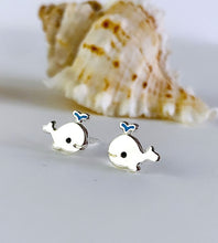 Load image into Gallery viewer, Silver whale-shaped earrings with cute blue water detail.  Cute hypoallergenic  earrings for children