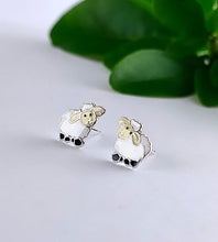 Load image into Gallery viewer, sterling silver sheep ear studs in white with black detailing