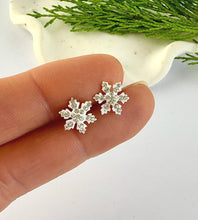 Load image into Gallery viewer, sterling silver white snowflake studs set with sparkly crystals