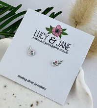 Load image into Gallery viewer, sterling silver wings ear studs with a tiny pink and blue crystal for a touch of sparkle. Small and suitable earrings for children