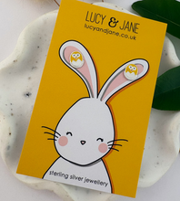 Load image into Gallery viewer, sterling silver yellow chick in an egg earrings on an easter themed card