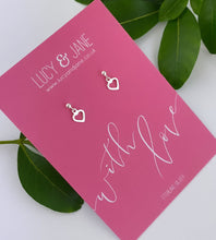 Load image into Gallery viewer, sterling silver heart drop earrings on a &#39;With Love&#39; card
