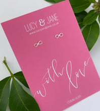 Load image into Gallery viewer, sterling silver infinity studs on a &#39;with love&#39; gift card