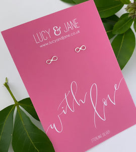 sterling silver infinity studs on a 'with love' gift card