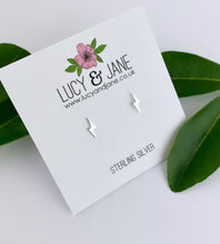 Load image into Gallery viewer, sterling silver small lightning bolt studs.  Good children&#39;s earrings or studs for those with additional piercings.