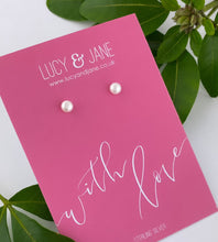 Load image into Gallery viewer, freshwater pearl and sterling silver ear studs on with love message card
